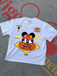 Disney American Retro Racing  Print Short Sleeve T-Shirt Men Heavyweight Cotton Loose Half Sleeve - White - View 2