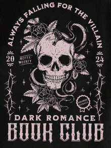 Camiseta holgada casual con eslogan y estampado de calavera para mujer talla grande, estilo callejero para el verano - Negro - Ver 2