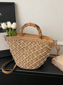 Summer Holiday Handbag, Woven Ladies Tote Bag, Colorblock Straw Bag With Long Shoulder Strap For Crossbody, Zipper Closure, Suitable For Vacation, Beach, Casual Daily Wear - Khaki - View 12