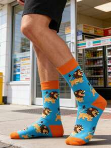 1双男士蓝橙撞色卡通狮子图案中筒袜，适合日常穿着，四季皆宜。 - 彩色 - 查看 5
