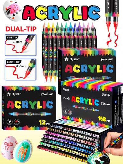 12&24&48&60&72&168 Colors Dual Tip Markers, Self-Inking Brush & Fine Tip, Water-Based Acrylic Paint Pens, High Coverage, Suitable For Black Paper & Stone Painting, Applicable For DIY Crafts On Plastic, Glass, Metal, Bamboo, Canvas, Rock, Ceramic, Fabric And More, Also Suitable For Professional Art Painting