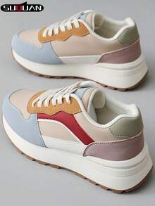 2026 New Colorblock Platform Chunky Sneakers For Women, Increased Height, Soft Bottom, Breathable Casual Shoes, Versatile, Comfortable, Retro Style, Lightweight Non-Slip, Student, Korean Fashion, Spring/Autumn - Baby Blue - View 12