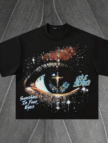 Printed T-Shirt Cotton Plus Size Men's Clothing, Sunshine In Your Eyes Like Stars,(220g Cotton T-Shirt) Men Printed T-Shirts, Cotton T Shirt Unisex T-Shirts, Casual And Comfortable To Wear Men's T - Shirt Ideal For Both Casual Outings And Home Relaxation Funny T Shirts ,Y2K,Oversized Shirt Men,Summer Tops - 黑色 - 查看 1