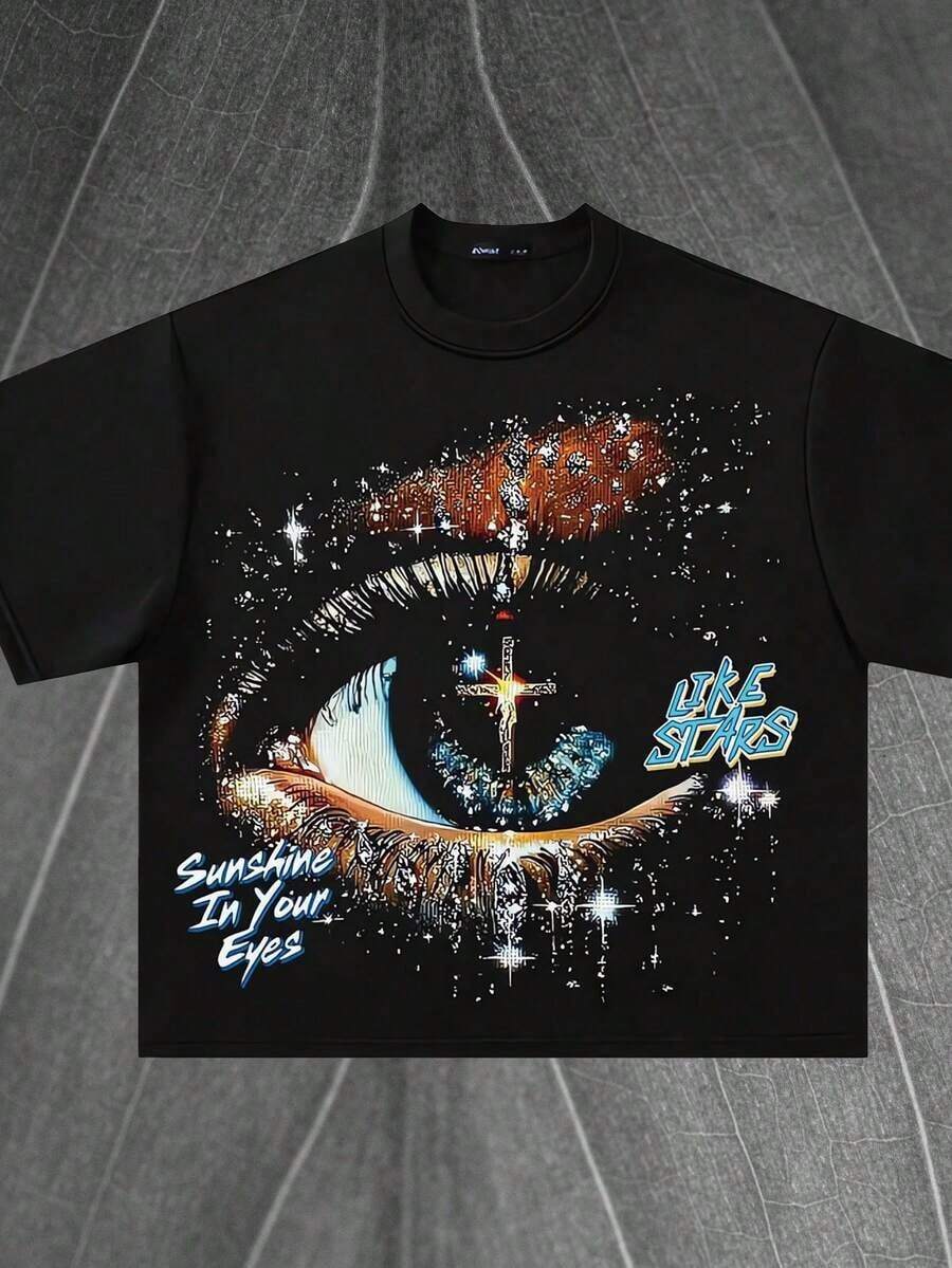 Printed T-Shirt Cotton Plus Size Men's Clothing, Sunshine In Your Eyes Like Stars,(220g Cotton T-Shirt) Men Printed T-Shirts, Cotton T Shirt Unisex T-Shirts, Casual And Comfortable To Wear Men's T - Shirt Ideal For Both Casual Outings And Home Relaxation Funny T Shirts ,Y2K,Oversized Shirt Men,Summer Tops - 黑色 - 查看 1