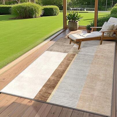 1 件装现代简约风格暖棕米色纯色条纹几何图案地毯。天鹅绒面料重约 850 克，厚度约 0.6 厘米。地毯耐磨、防滑、易于清洁。多种尺寸可选。适用于厨房、客厅、餐厅、卧室、阳台、浴室、书房等多种场景。是家居装饰的理想之选。