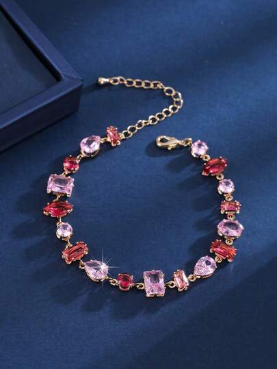 1 pieza Delicada pulsera asimétrica femenina de zirconia rosa, diseño de joyería de lujo de nicho con suave brillo