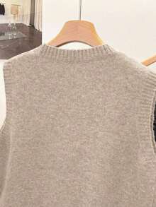 1pc Solid Color Short Round Neck Asymmetrical Button Accessory Design Fashion Sleeveless Sweater Vest, Versatile Knit Waistcoat Summer - 卡其色 - 查看 6