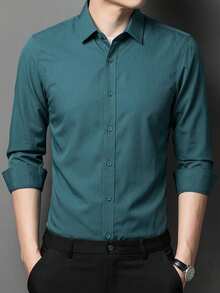 Men's Long Sleeve Button Down Dress Shirt In Microfiber Fabric, Silm Fit - Dark Green - View 1