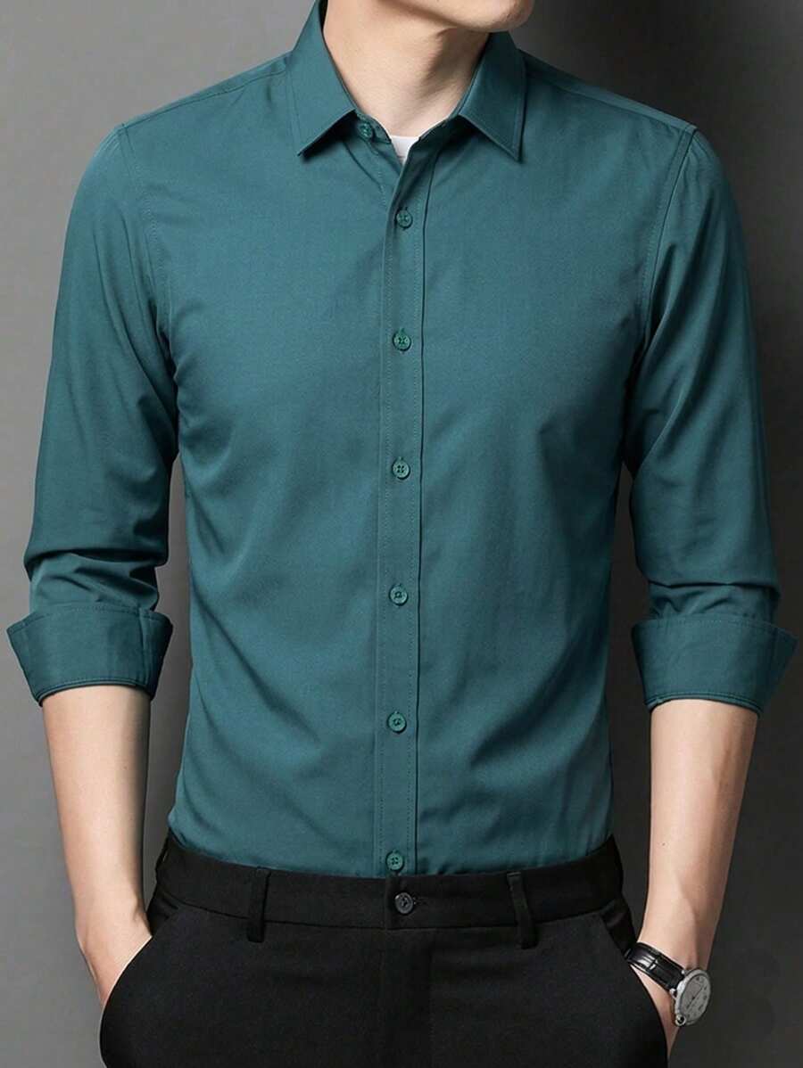 Men's Long Sleeve Button Down Dress Shirt In Microfiber Fabric, Silm Fit - Dark Green - View 1