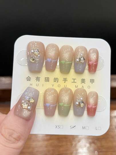 10片/套 按压式美甲贴片，彩虹糖果碰撞色，多色闪亮玻璃珠猫眼手绘水钻堆甜美手工可佩戴美甲。