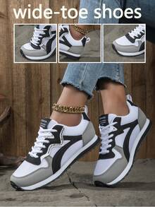 Damen Schuhe mit breiter Zehenbox, Herbst Vintage Runde Zehenkappe Schnürschuhe mit weicher Sohle, bequeme Casual Sneaker, vielseitig atmungsaktiv für tägliches Laufen, Sommerstil, Damen Laufschuhe mit breiter Zehenbox - Schwarz, Weiß und Grau - Übersicht 1