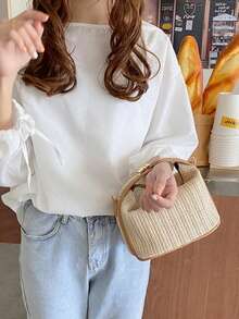 夏季编织手提包，休闲女士手提包，单肩斜挎包，沙滩必备，时尚夏季度假包，女士沙滩必备单品，假日编织包，编织包，春夏小包，新款韩版百搭斜挎包，简约清新编织单肩手提包，单肩包 - 彩色 - 查看 2