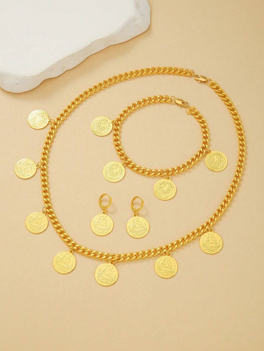4件套复古硬币项链、手链、耳环首饰套装,女士个性化配饰 - 金黃色 - 查看 1