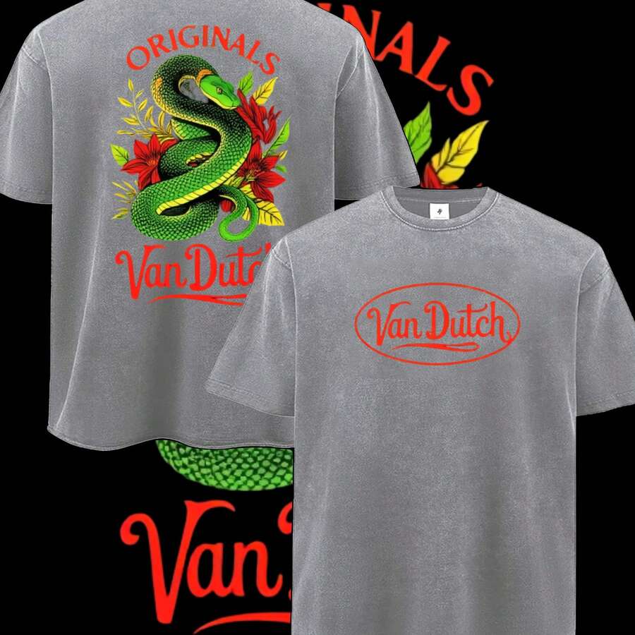 Men Gray Washed Streetwear Brand Urban Style 100 Percent Cotton Crewneck T Shirt Snake And Flower Graphic With Vons Dutchs Text Casual Outfits For Everyday Wear | Front And Back Print | Vintage Heavyweight Tee | Perfect Gift | Loose Comfortable Breathable | Machine Washable Fabric | Hip Hop Cool Look | Drippy Clothes | Y2K Fashion - 灰色 - 查看 1