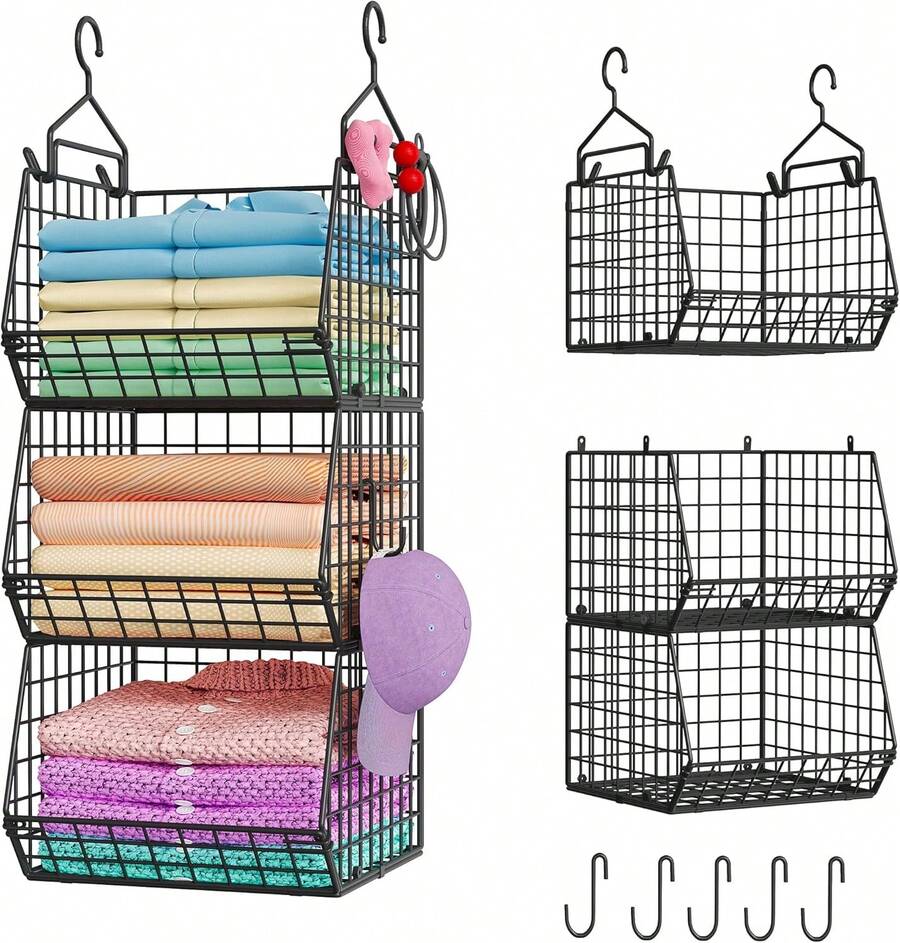 X-Cosrack 3 Tier Foldable Closet Organizer, Clothes Shelves With 5 S Hooks, Wall Mount&Cabinet Wire Storage Basket Bins, Clothing Sweaters Shoes Handbags Clutches Accessories-White Patent Design - 黑色 - 查看 1