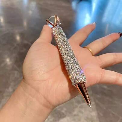 1pc Elegant Twisted Cap Ballpoint Pen, Sparkling Rhinestone Design - Metal Construction, Medium Tip, Metal Surface, Perfect Office And School Supplies, Ideal Teacher And Student Gift, Office Stationery, Luxurious Writing Instrument, Durable Writing Tool