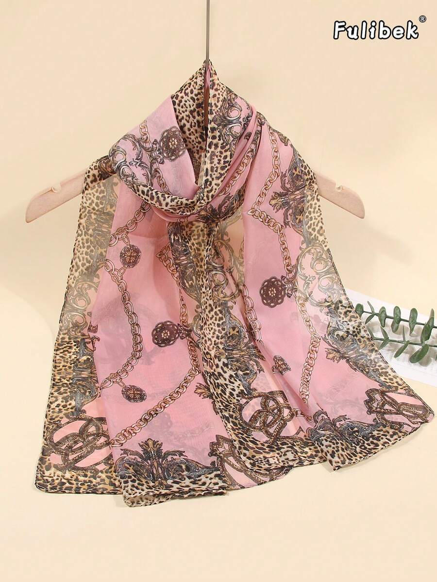 1pc Lightweight Chiffon Printed Scarf, Sun Protection & Decorative Shawl - Pink - View 1