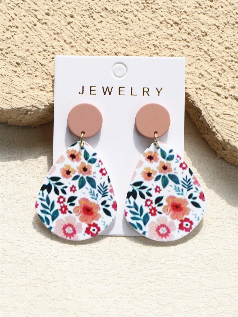 1 Pair Women's Spring/Summer Small Red Flower Blooming Floral Print Ceramic Texture Elegant Cute Stylish Acrylic Water Drop Earrings - Multicolor - View 1