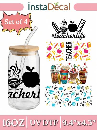 4pcs/Set 16oz Glass Cup Wrap UV DTF Transfer Sticker (9.4x4.3in) No Heat Needed, Teacher Life Plant Seeds Grow Forever, School Supplies Coffee Fuel Apple Floral Decal, Waterproof Rub On Sticker For Libbey Tumbler DIY Appreciation Gift