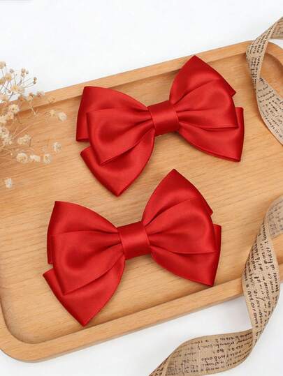 2Pcs Large Red Satin Bow Hair Clips, Elegant Double Layer Fabric Hair Barrettes For Women & Girls, Vintage French Style Hair Accessories, Non-Slip Strong Hold Hair Pins, Perfect For Wedding, Bridal, Party, Daily Wear, Photography & Festival, Soft Lightweight Material, Minimalist Ins Style Headpiece For Hairstyle Styling, Sweet Y2K Cute Hair Decor