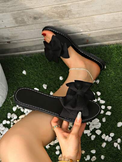 Wide Fit Women's Flat Slide Sandals, 2025 New Bowknot, Soft Bottom, Lightweight, Breathable, Casual Beach Flat Slippers For Summer Wear