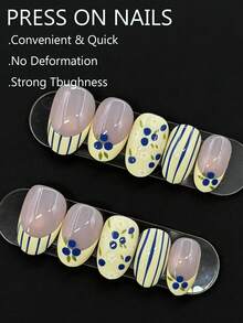 Bộ 24 miếng dán móng tay hình oval - Các kiểu dáng bao gồm thiết kế Pháp màu xanh & vàng, họa tiết quả việt quất & vàng và họa tiết sọc. Thích hợp cho phụ nữ và các bạn gái trẻ. Thích hợp cho mùa xuân, hè, thu và đông, thích hợp cho các bữa tiệc, hẹn hò và sử dụng hàng ngày ở văn phòng. - Nhiều màu - Xem 3