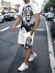 Men's Casual Street Style Lion Print Elastic Crew Neck Short Sleeve Set, Summer - Multicolor - View 1