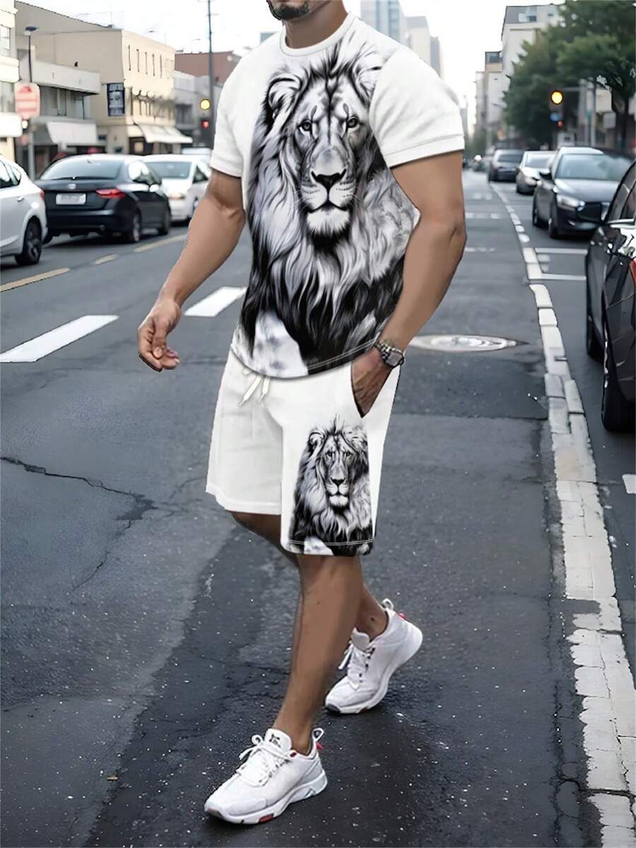 Men's Casual Street Style Lion Print Elastic Crew Neck Short Sleeve Set, Summer - Multicolor - View 1
