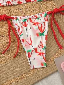 女士夏季沙滩印花露背系带休闲优雅性感沙滩度假派对比基尼泳装套装，含罩裙 - 彩色 - 查看 6