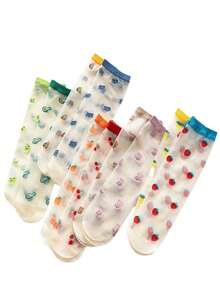 5/10 Pairs Random Women Spring/Summer Ultra-Thin Floral, Fruit, Animal, Crystal Patterned Sheer Socks, Cartoon/Anime Inspired, - Multicolor - View 4