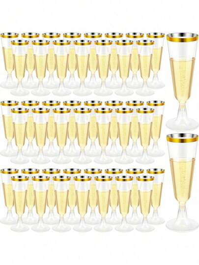 100/50/30/25/20/10 只透明金边香槟杯，金色边框派对装饰，5 盎司可重复使用香槟杯，经久耐用且优雅的杯型设计，适合婚礼、鸡尾酒会、节日、圣诞节、新年等场合。