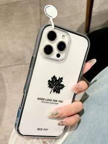 1pc Fashion Maple Leaf & English Text Pattern Black Frame Transparent Full Body Shockproof Minimalist Phone Case, Suitable For IPhone 11/12/13/14/15/16/17 Pro Max, Unisex - متعدد الألوان - مشاهدة 5