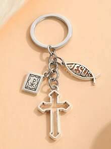 1pc Casual Hollow Cross & Letter Keychain, Party Gift Pendant - Antique Silver - View 2