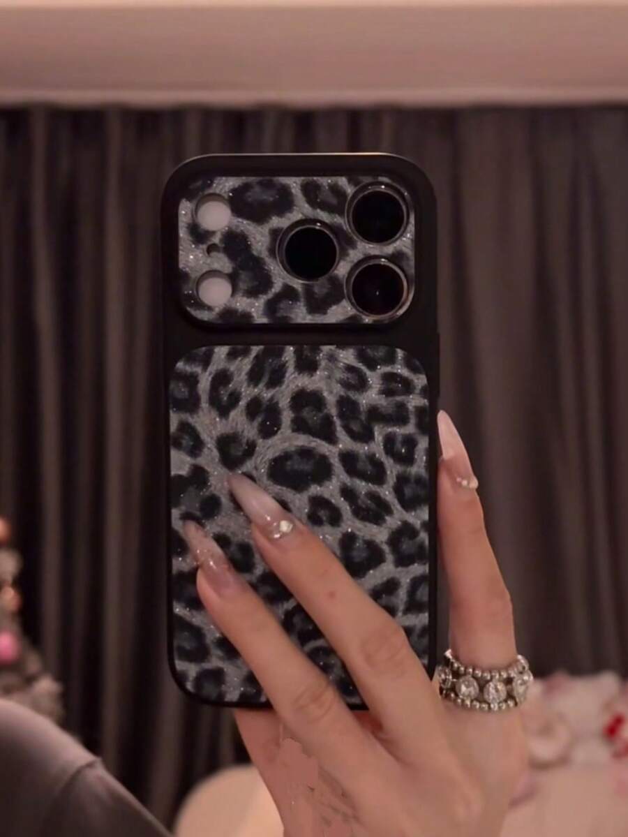 Luxury Leopard Print Cheetah Shiny Leopard Print Lens Protection Phone Case Suitable For 17 Pro Max, 16, 15, 14 Pro Max, 13 Fashion Creative Chic Back Cover Spring Gift - Black - View 1