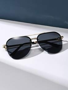 Retro Aviator Frameless Fashion Glasses, Metal Large Frame Flattering For Big Face, Classic Outdoor Travel Beach Casual Decoration Daily Wear, Summer UV Protection Fashion Glasses For Men & Women - Black - View 4