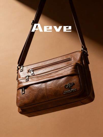 Elegant Women's Solid Yellow-Brown Retro Crossbody Bag, Multiple Zipper Pockets, Faux Kangaroo Metal Logo Decor, Adjustable Strap, Compact Chic Square Bag, Fashionable Casual Outfit, Suitable For Shopping, Dates, Vacation, Commuting, Park Walks, Afternoon Tea, Gift For Mom