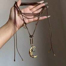 1pc Vintage Boho Moon & Star Pendant PU Leather Chain Necklace For Women, Suitable For Daily Wear, Parties, Music Festivals - Sweater Chain - 棕色 - 查看 1