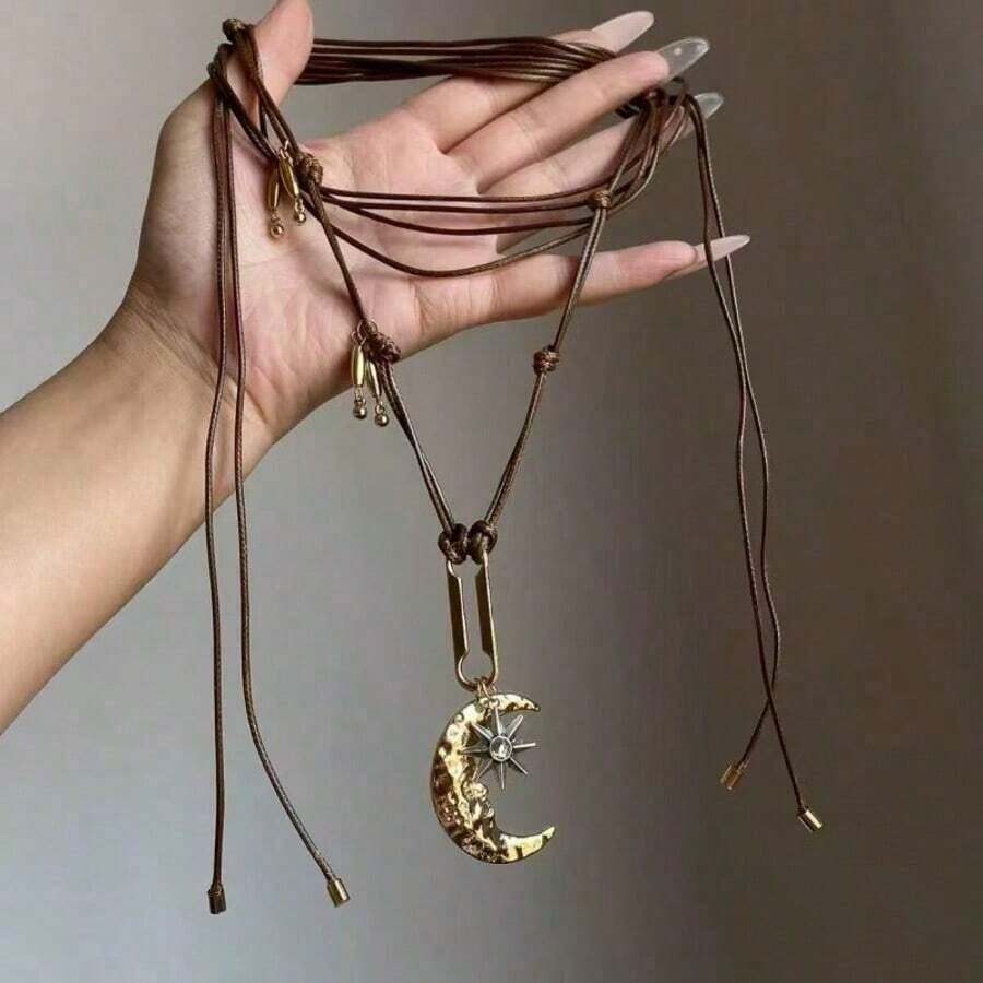 1pc Vintage Boho Moon & Star Pendant PU Leather Chain Necklace For Women, Suitable For Daily Wear, Parties, Music Festivals - Sweater Chain - 棕色 - 查看 1