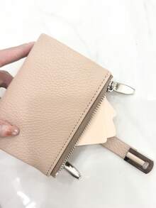 女士短款钱包，PU软皮动物纹拼接，精致按扣，大容量多卡位，多功能卡包和零钱包，小巧轻便，适合作为节日礼物 - 杏色 - 查看 4