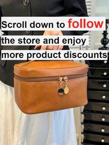 1件装女士纯色PU化妆包手提包化妆包化妆品收纳包洗漱包化妆品储藏袋化妆袋洗漱旅行包度假必备旅行礼物 - 棕色 - 查看 4