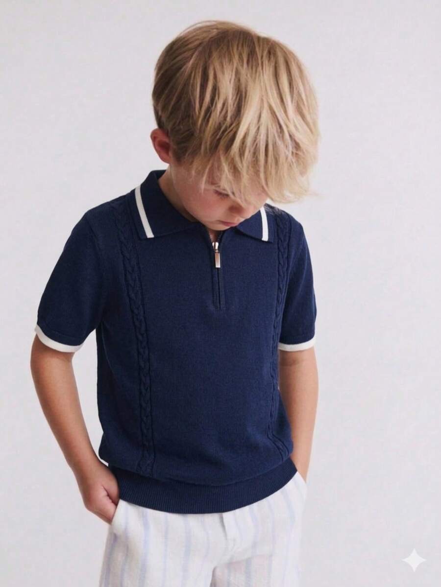 Boys' Solid Color Polo Shirt, Lightweight Rayon Knit Short Sleeve Sweater With Half Zip, Suitable For School & Everyday Wear, Spring/Summer/Autumn - Navy Blue - View 1