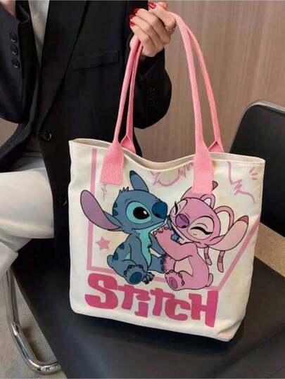 1pc Large Capacity Stitch Cartoon Print Tote Bag, Zipper Closure, Durable Polyester Lining, Spacious, Suitable For Shopping, Beach, Picnic, Women, Can Be Used As Wallet, Casual Travel Bag, Fun Accessory, Shoulder Strap Design, Portable Shopping Bag Office Desk Desk Office Supplies Office Accessories