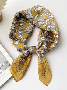 1pc 70*70cm Square Silk Scarf, Women's Satin Printed Headscarf, Neckerchief, Headband, Fashion Ladies Shawl, Scarf - Small Yellow Cashews - View 2