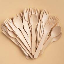 3/12/25/50/100pcs/Set Disposable Wooden Cutlery Set, Includes Knife, Fork And Spoon, Suitable For Christmas, Thanksgiving, Birthday, Wedding And Home Decor, Also Applicable For Home Kitchen, Restaurant, Hotel, Kitchen Supplies And Tableware. - Multicolor - View 3