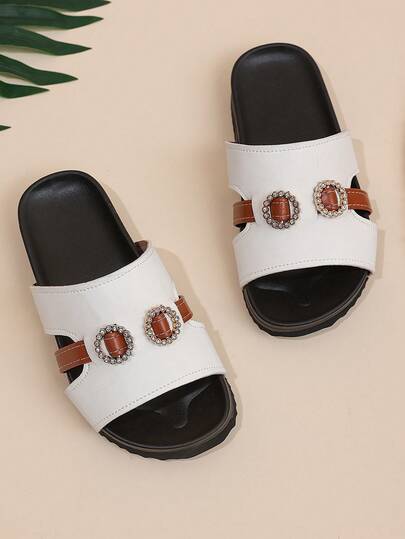 1双2026儿童水晶扣撞色PU鞋底防滑套脚踝带厚底凉鞋，适合户外旅行/日常通勤/海滩度假/摄影