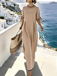Holidaya Women's New Round Neck Color Block Trim Mid-Sleeve Drawstring Tie Waist Loose Swing Dress, Suitable For Vacation And Travel Beige Dress Women Tan Dress Women Summer Dress Loose Dress Casual Dress - 杏色 - 查看 7