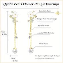 Dangle Pearl Drop Earrings Women  Long Threader Chain Dainty Flower Wedding Earrings Brides CZ Cute 14K Gold Statement Sparkly Jewelry - Hoa vàng đính đá CZ - Xem 3