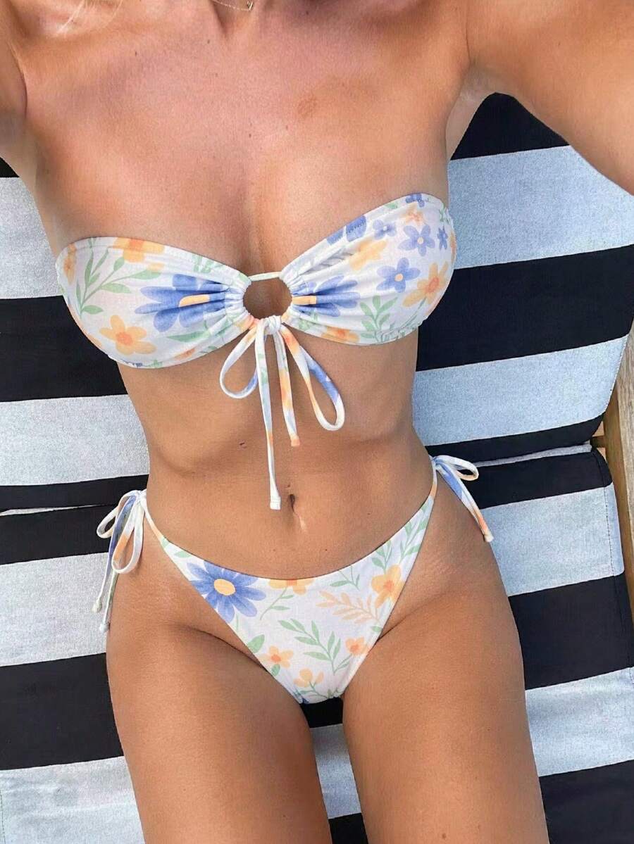 女士春夏新款印花褶皱扭结吊带性感休闲优雅沙滩度假派对比基尼套装 - 彩色 - 查看 1