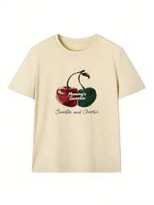Áo thun ngắn tay in hình quả anh đào dành cho nữ, trang phục mùa hè mới về. - Màu be - Xem 2