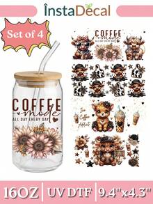 4pcs/Set 16oz Glass Cup Wrap UV DTF Transfer Sticker (9.4x4.3in) No Heat Needed, Aesthetic Coffee Love Language Brown Heart Graphic, Western Highland Cow Sunflower Leopard Print Ice Coffee Addict Decal, Waterproof Rub On Sticker For Libbey Can Tumbler DIY Gift - 2Coffee 02 - View 9